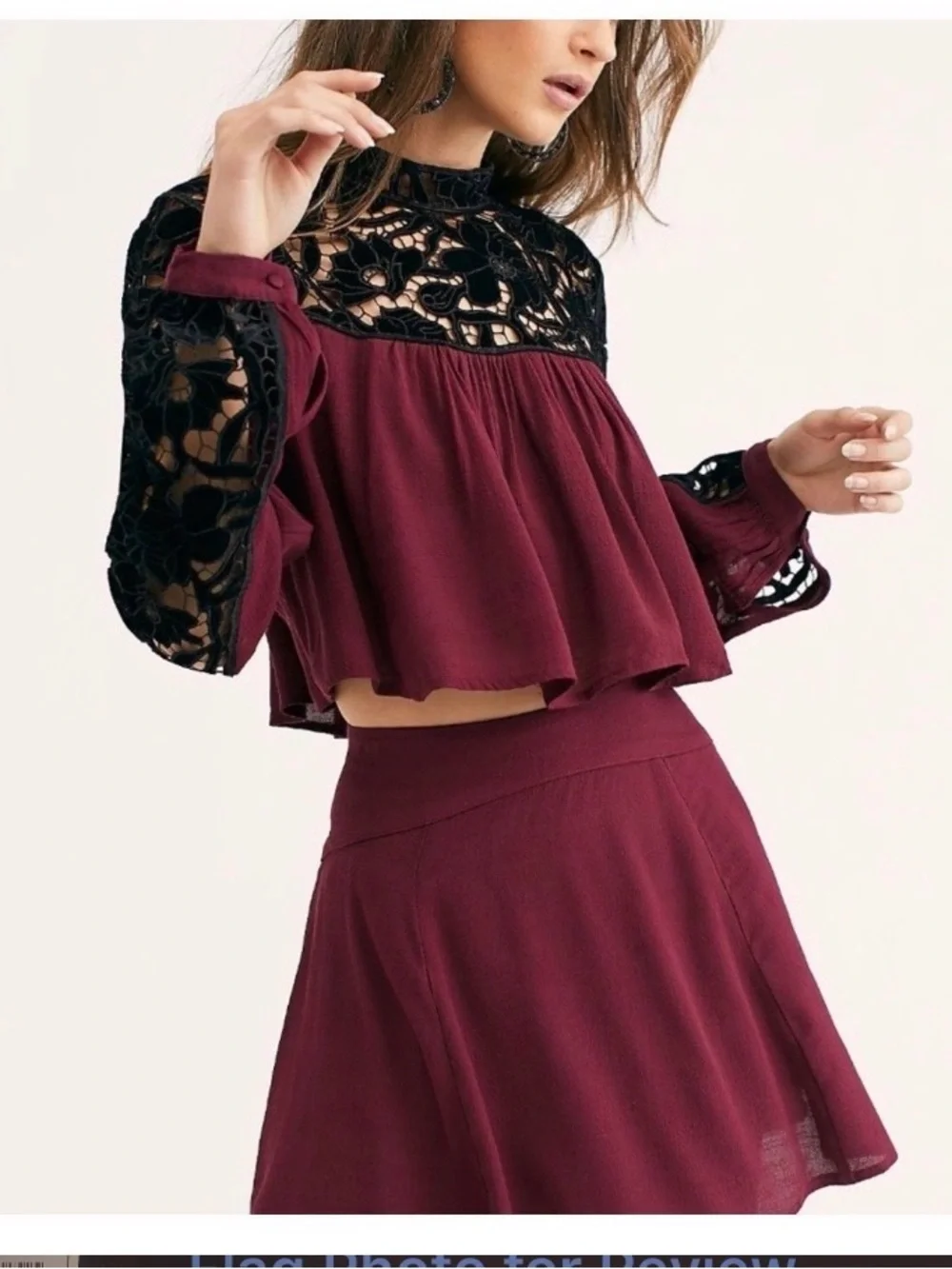 Free People Burgundy Cropped Blouse with Black Lace